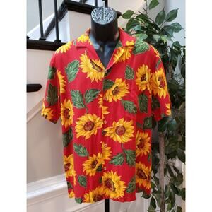 Paradise Found Men's Red Sunflower Collared Short Sleeve Button Down Shirt Large